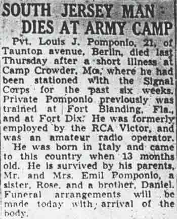 Camden Courier-Post, February 22, 1944 — South Jersey Man Dies at Army Camp
