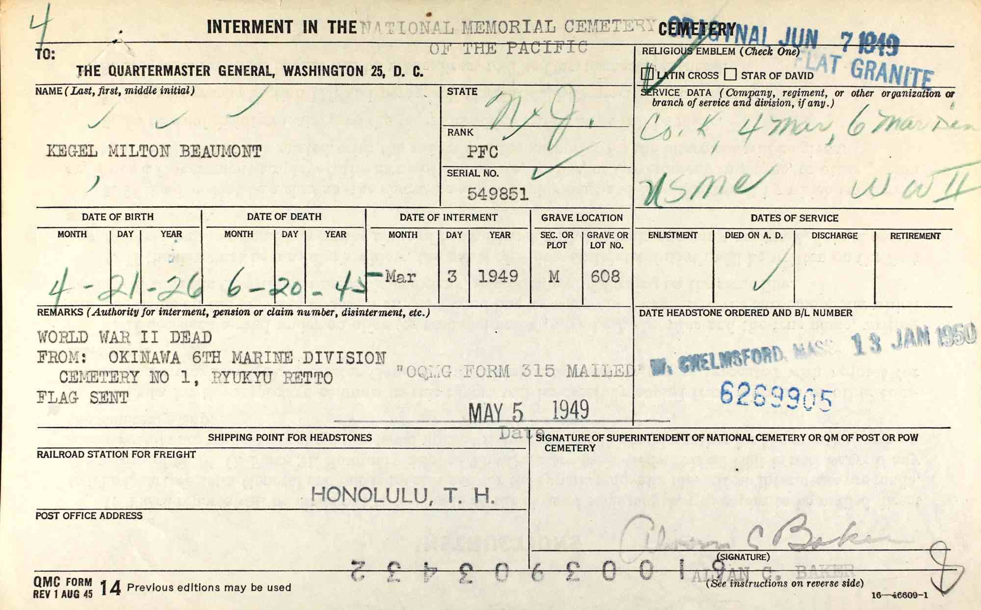 Interment record for Milton Beaumont Kegel