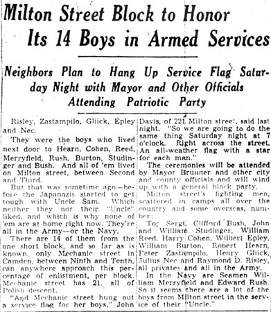Newspaper article: Milton Street Block to Honor Its 14 Boys in Armed Services, Camden Courier-Post, August 13, 1942