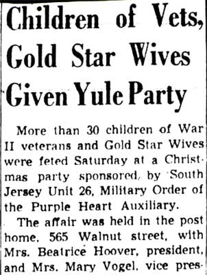 Camden Courier-Post, December 24, 1951 — Children of Vets, Gold Star Wives Given Yule Party