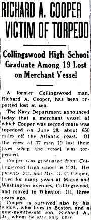 Richard A. Cooper Victim of Torpedo, Camden Courier-Post, August 6, 1942