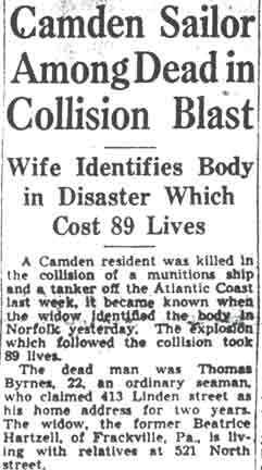 Camden Sailor Among Dead in Collision Blast, Camden Courier-Post