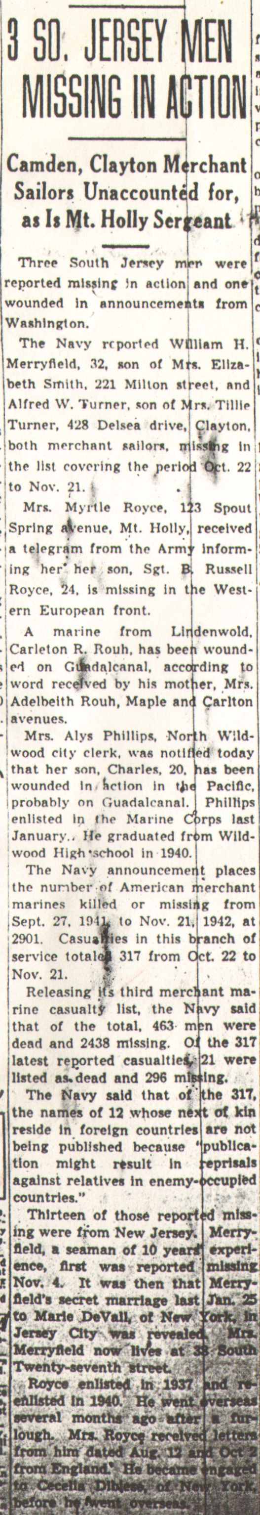 Camden Courier-Post, December 4, 1942 — 3 So. Jersey Men Missing in Action
