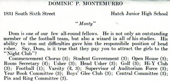 Dominic P. Montemurro — Woodrow Wilson High School Yearbook page, 1935