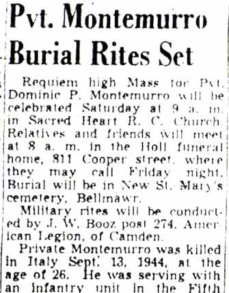 Pvt. Montemurro Burial Rites Set — obituary clipping, page 1