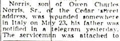 Myrtile Norris wounded notice — Camden Courier-Post, June 12, 1944