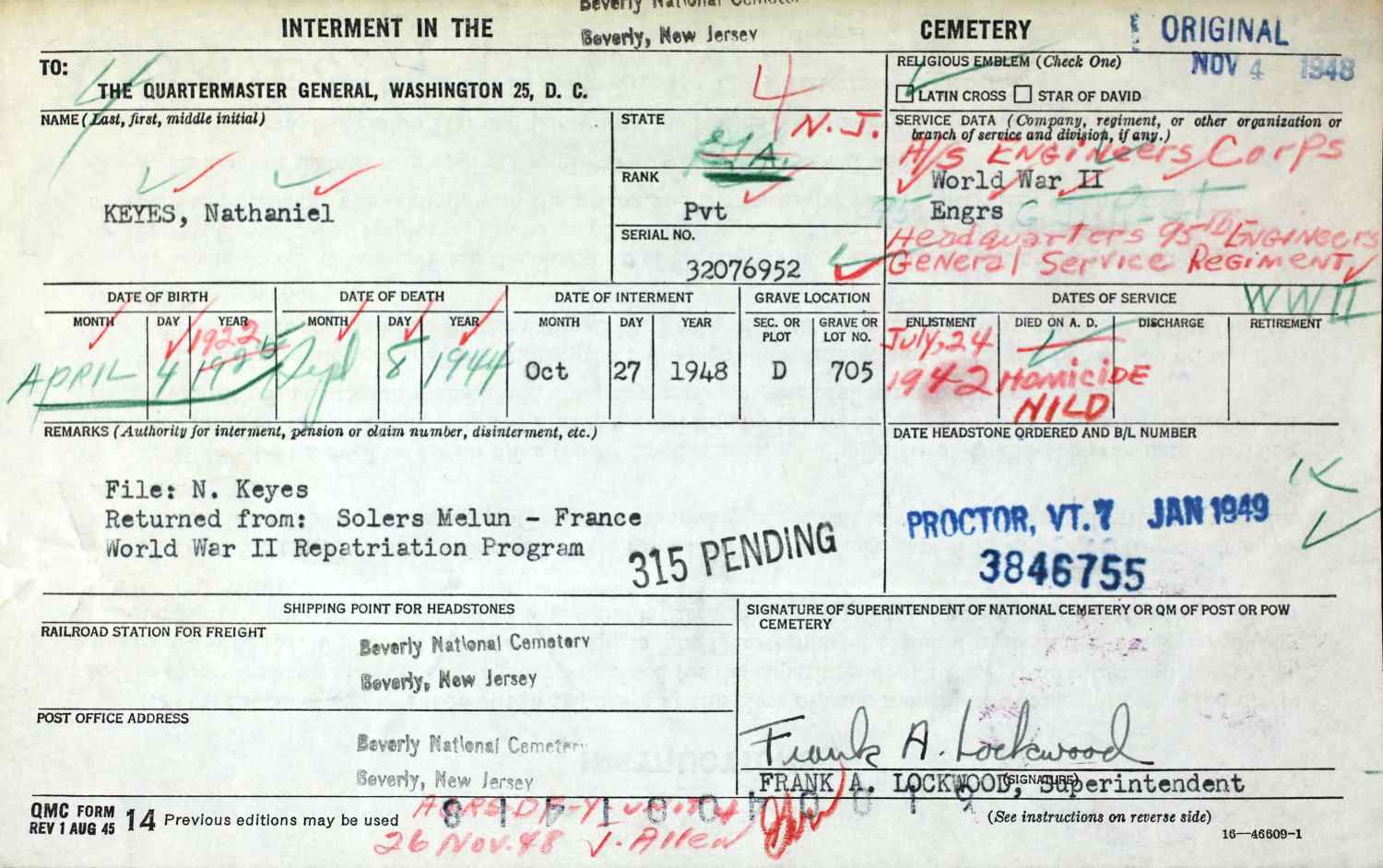 Nathaniel Keyes interment record