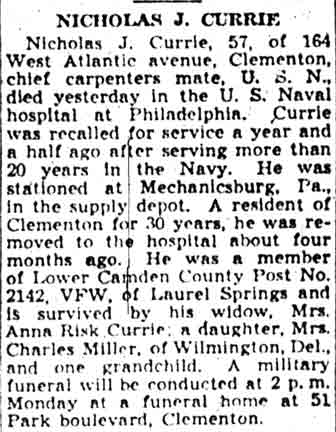Nicholas J. Currie obituary, Camden Courier-Post, April 14, 1944