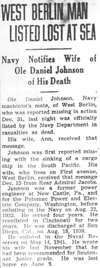 West Berlin Man Listed Lost at Sea, Camden Courier-Post