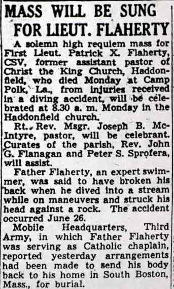 Mass Will Be Sung for Lieut. Flaherty — Camden Courier-Post, July 1943