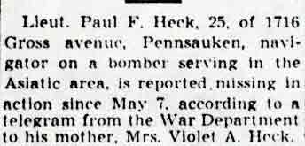 Camden Courier-Post, May 17, 1943 — Lieut. Paul F. Heck Missing In Action (part 2)
