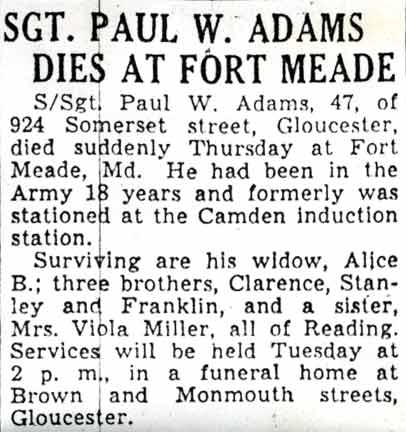 Sgt. Paul W. Adams Dies at Fort Meade — Camden Courier-Post, October 20, 1945