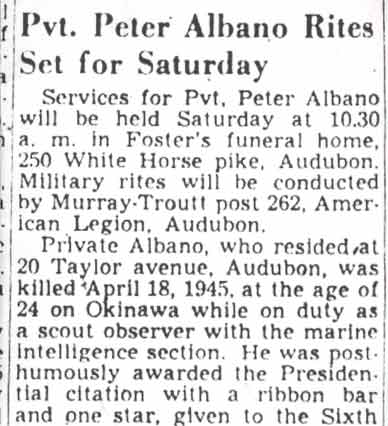 Pvt. Peter Albano Rites Set for Saturday — Camden Courier-Post, March 17, 1949 (part 1)