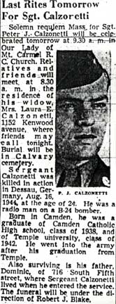 Obituary for Sergeant Peter J. Calzonetti, Camden Courier-Post, December 1948