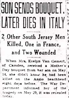 Camden Courier-Post, June 21, 1944, article about First Lieutenant Peter Van Gemert