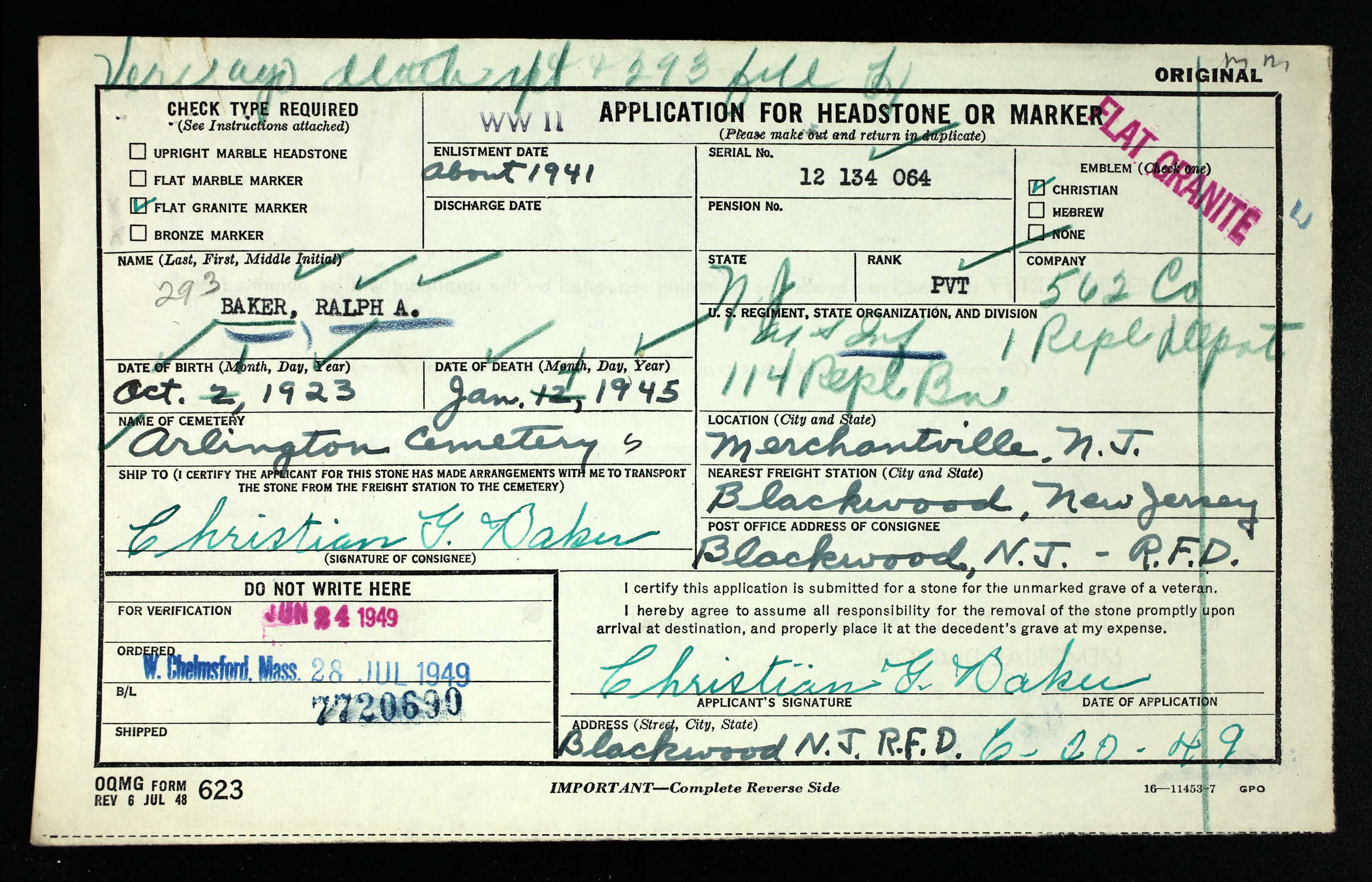 Application for Headstone or Marker for Private Ralph A. Baker