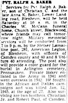 Pvt. Ralph A. Baker obituary — Camden Courier-Post, June 9, 1949