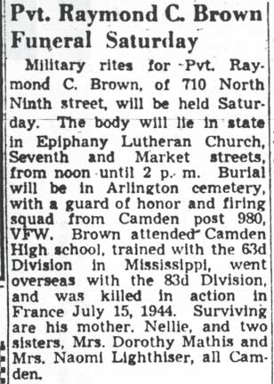 Newspaper obituary for Private Raymond C. Brown