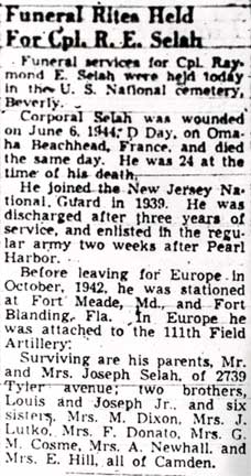 Newspaper obituary for Corporal Raymond E. Selah, Camden Courier-Post December 8, 1947