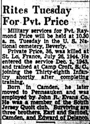 Raymond Price obituary, Camden Courier-Post, July 10, 1948