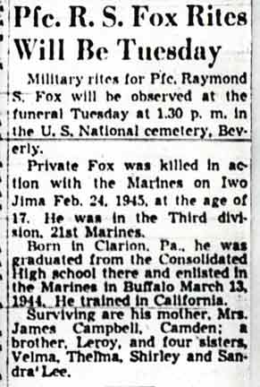 Raymond Stanley Fox obituary, Camden Courier-Post, May 8, 1948