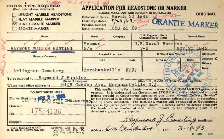 Raymond W. Bunting memorial card