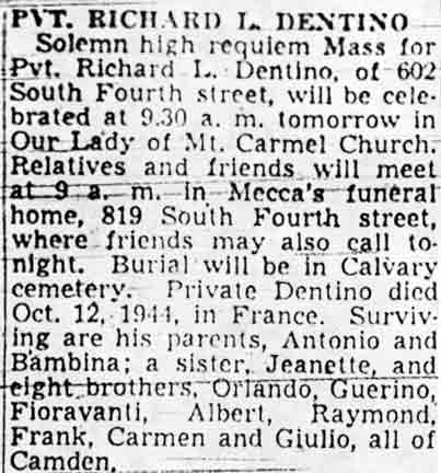 Obituary notice for Private Richard L. Dentino, Camden Courier-Post, May 20, 1948
