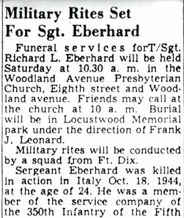 Newspaper obituary for Richard L. Eberhard, Camden Courier-Post June 9, 1949, column 1