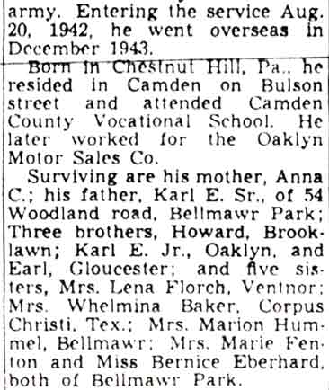 Newspaper obituary for Richard L. Eberhard, Camden Courier-Post June 9, 1949, column 2