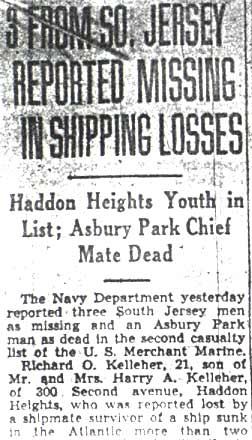 3 From So. Jersey Reported Missing in Shipping Losses, Camden Courier-Post, November 4, 1942