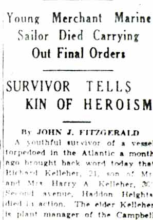 Son of Harry Kelleher Killed When U-Boat Torpedoes Ship, Camden Courier-Post, October 5, 1942