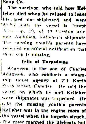 Son of Harry Kelleher Killed When U-Boat Torpedoes Ship, continued