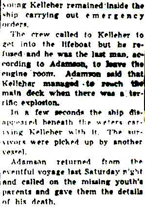 Son of Harry Kelleher Killed When U-Boat Torpedoes Ship, continued