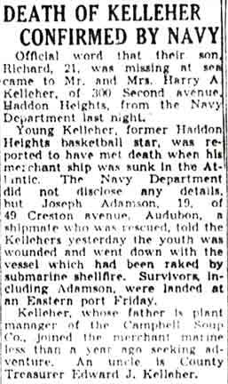 Death of Kelleher Confirmed by Navy, Camden Courier-Post
