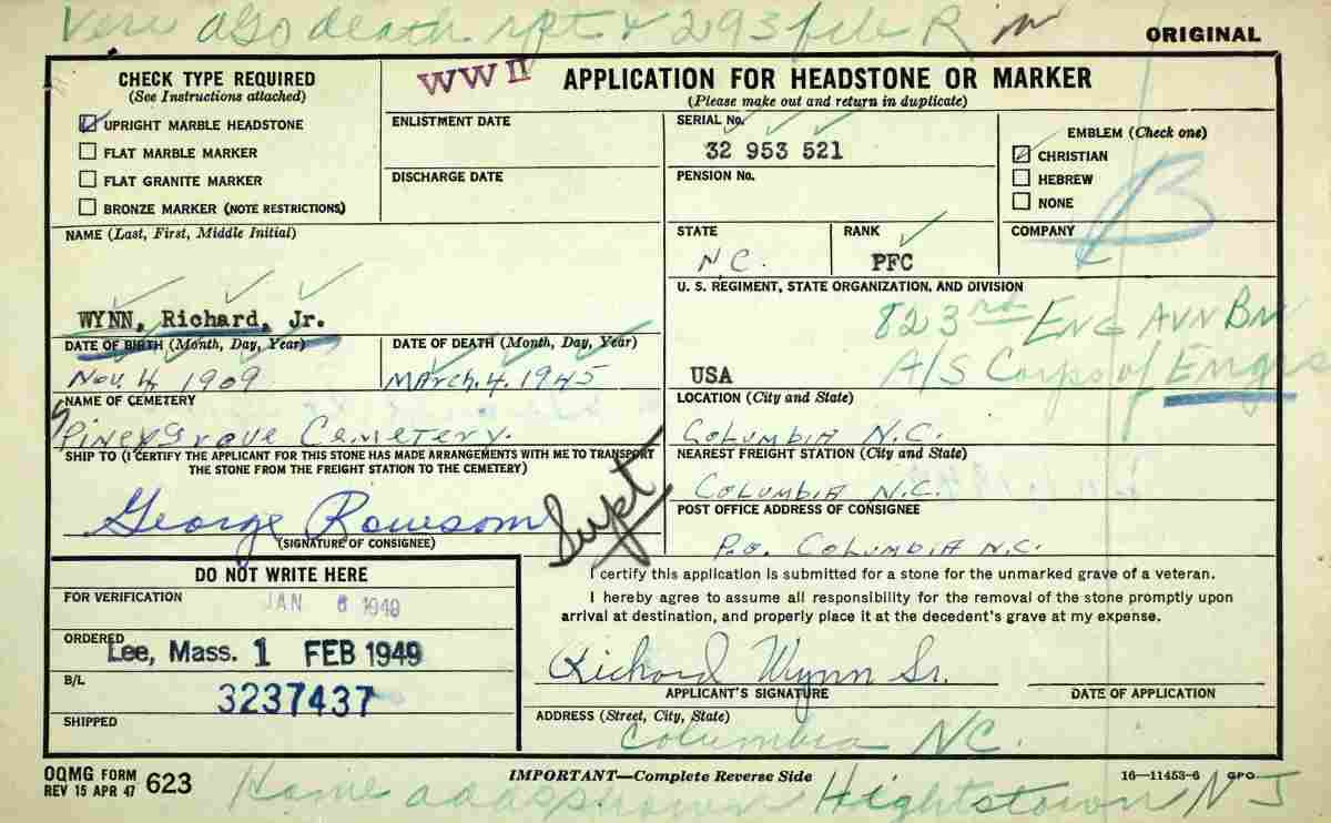Application for Headstone or Marker for Richard Wynn Jr.