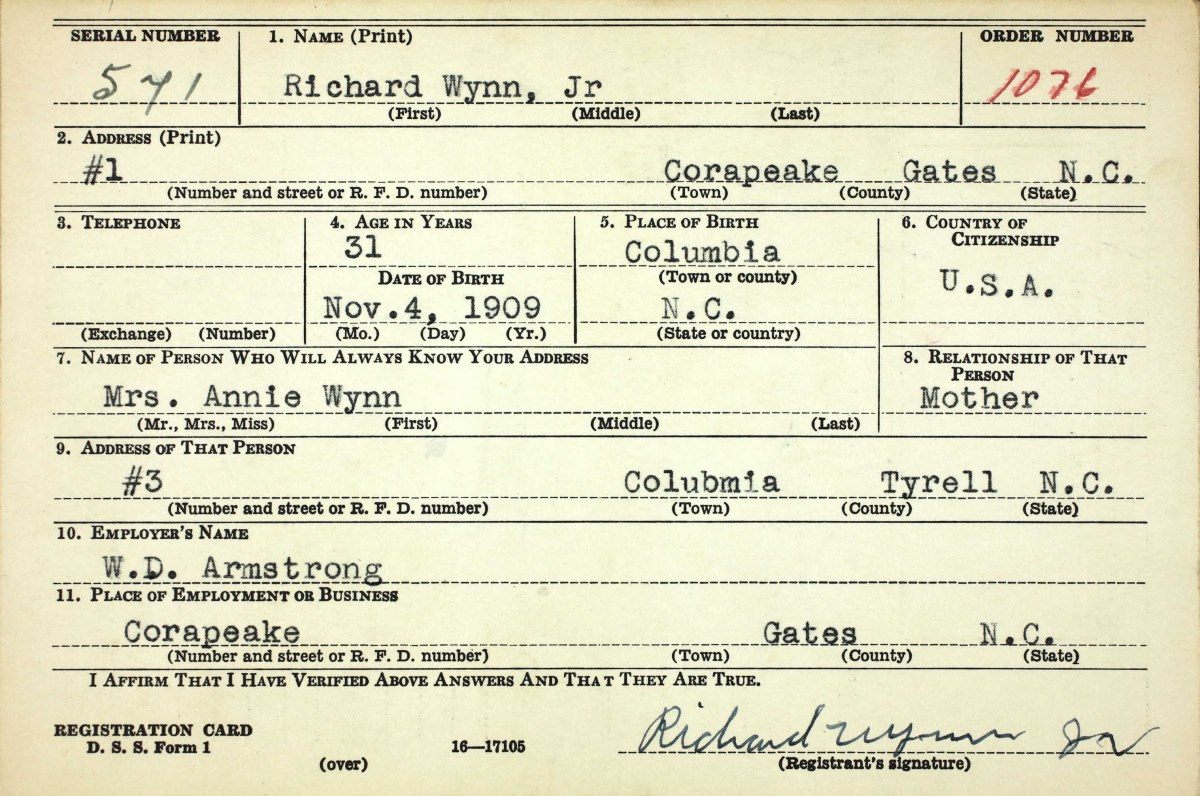 Richard Wynn Jr. World War II Draft Card