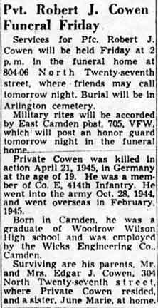 Robert J. Cowen obituary, Camden Courier-Post, December 7, 1948