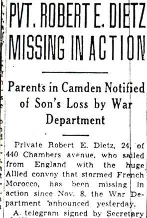 Newspaper clipping: Pvt. Robert E. Dietz Missing in Action, Camden Courier-Post, December 15, 1942, column 1