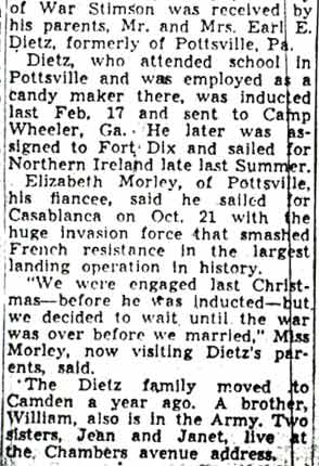 Newspaper clipping: Pvt. Robert E. Dietz Missing in Action, Camden Courier-Post, December 15, 1942, column 2