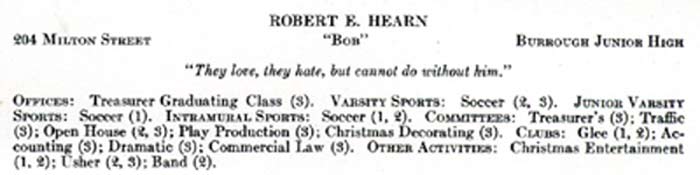 Robert E. Hearn in the Burrough Junior High School yearbook, Camden NJ