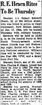 Obituary notice for Seaman Robert E. Hearn, Camden Courier-Post, June 20, 1948