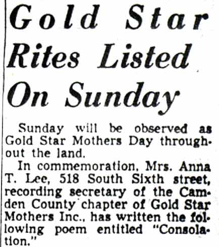 Newspaper article: Gold Star Rites Listed On Sunday, Camden Courier-Post, September 24, 1949