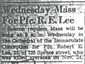 Newspaper article: Wednesday Mass For Pfc. R. E. Lee, Camden Courier-Post, November 10, 1947, part 1