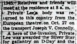 Newspaper article: Wednesday Mass For Pfc. R. E. Lee, Camden Courier-Post, November 10, 1947, part 2