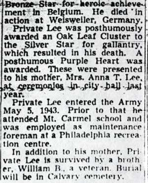 Newspaper article: Wednesday Mass For Pfc. R. E. Lee, Camden Courier-Post, November 10, 1947, part 3
