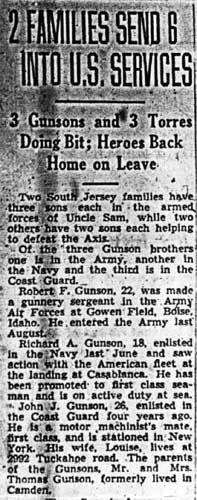 Newspaper article: 2 Families Send 6 Into U.S. Services, Camden Courier-Post, February 9, 1943