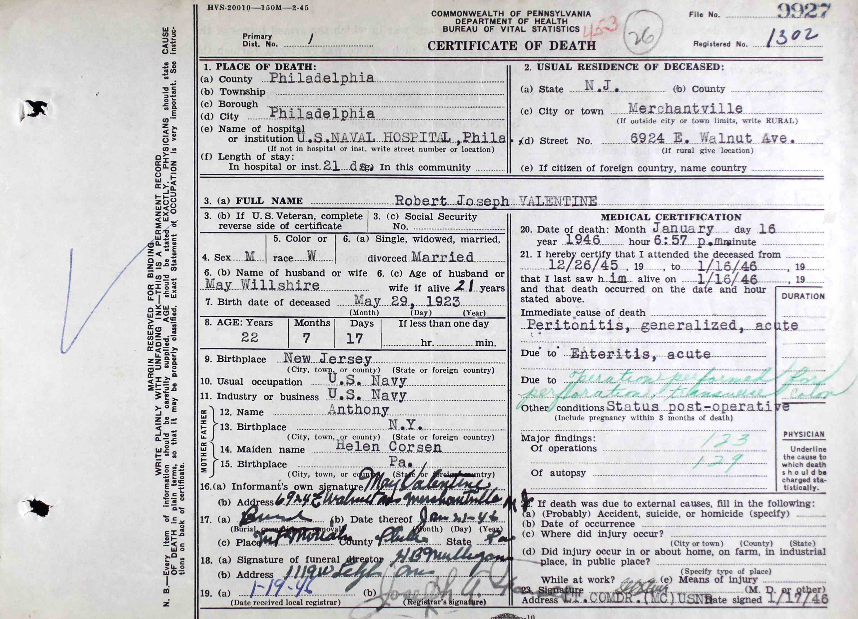 Robert Joseph Valentine death certificate