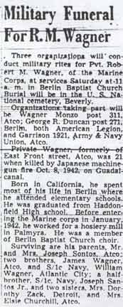 Newspaper obituary for Private Robert McGowan Wagner, March 1948