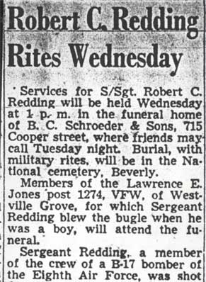 Obituary for Staff Sergeant Robert C. Redding, Camden Courier-Post, July 16, 1950, column 1