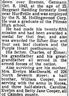 Obituary for Staff Sergeant Robert C. Redding, Camden Courier-Post, July 16, 1950, column 2